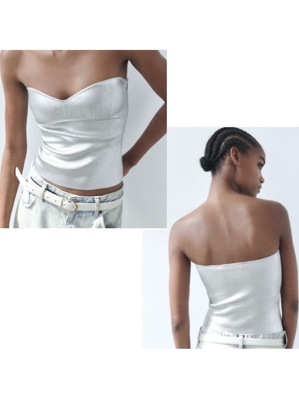 Zara silver metallic foil knit strapless bustier Sz L NWT